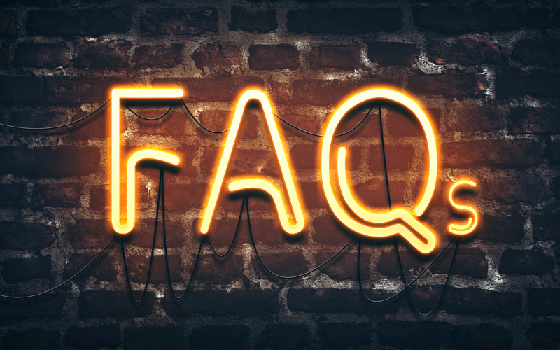 Frequently Asked Questions header-neon sign reading FAQs