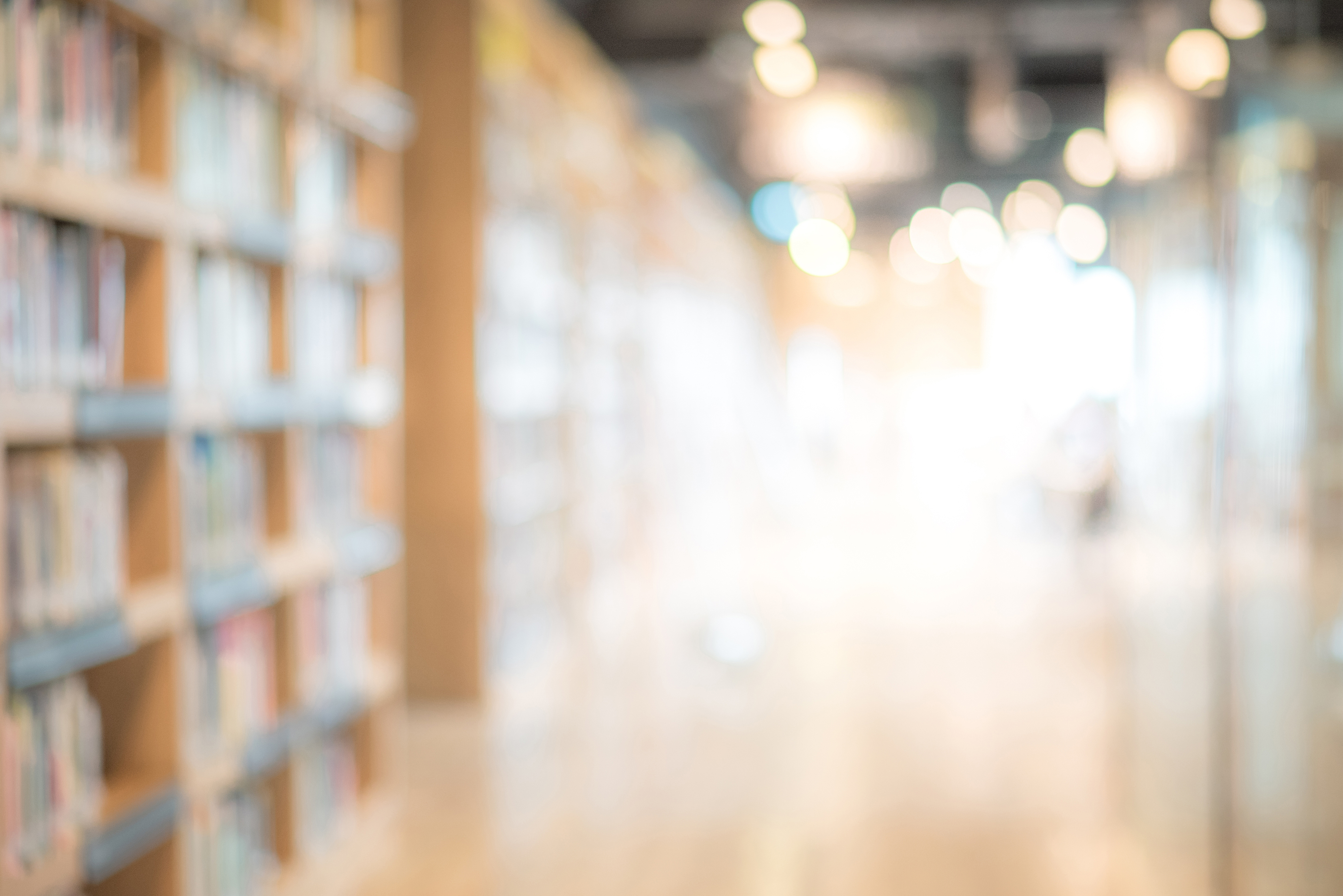 blurred picture of library bookshelves. 