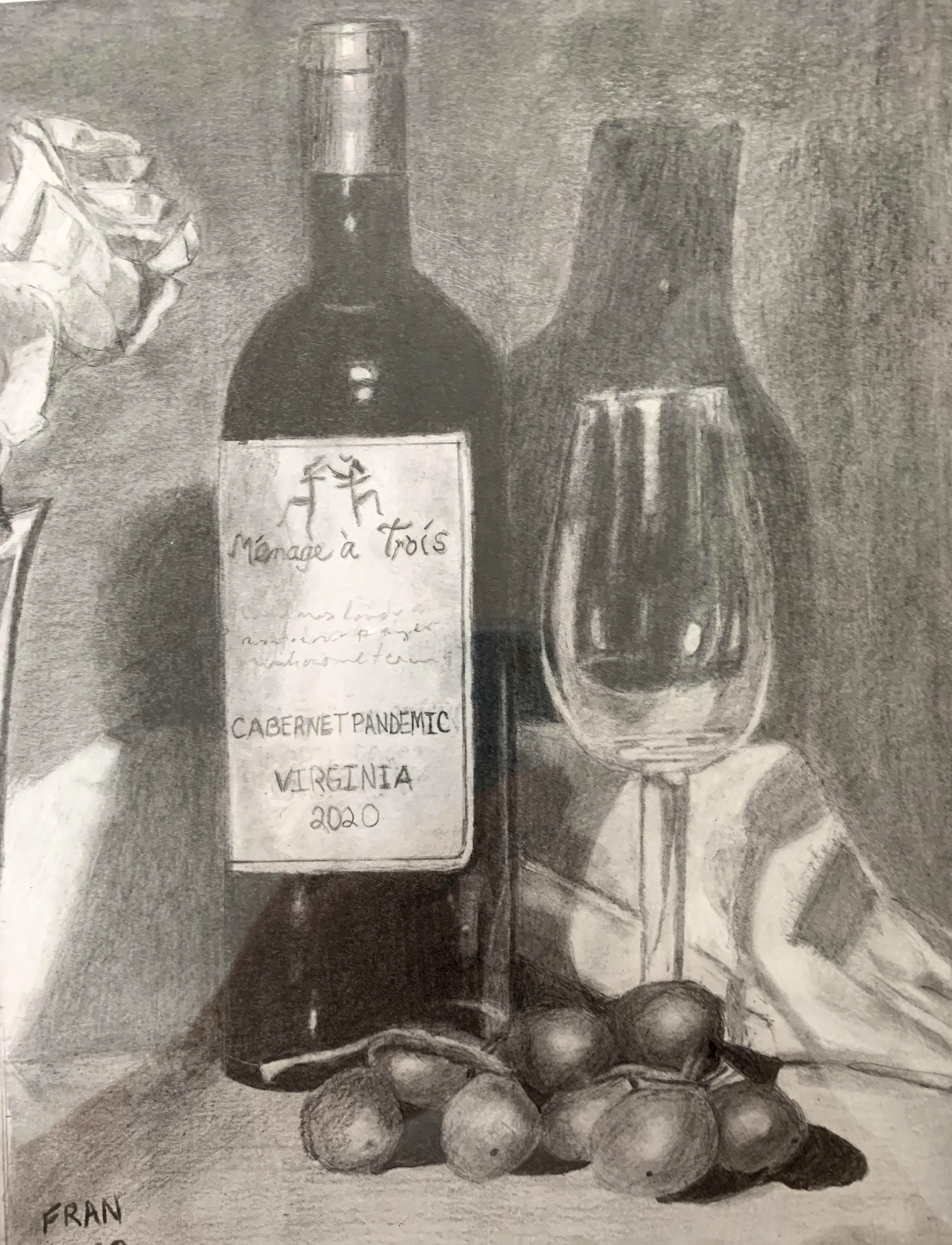 Graphite drawing of a bottle of wine, testimonial from student, Fran Hines of RL Caldwell Studio