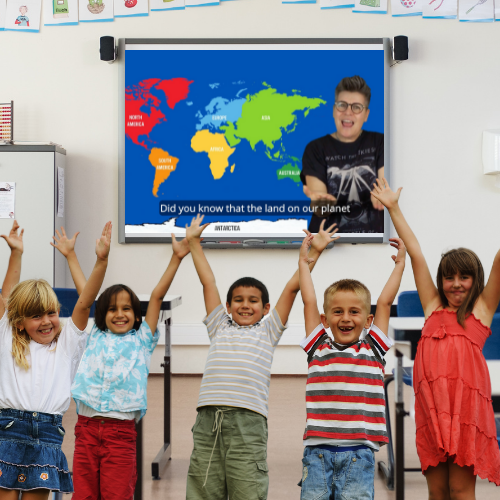 Children cheer in fromt of screen with Al Start from Go Kid Music on whiteboard