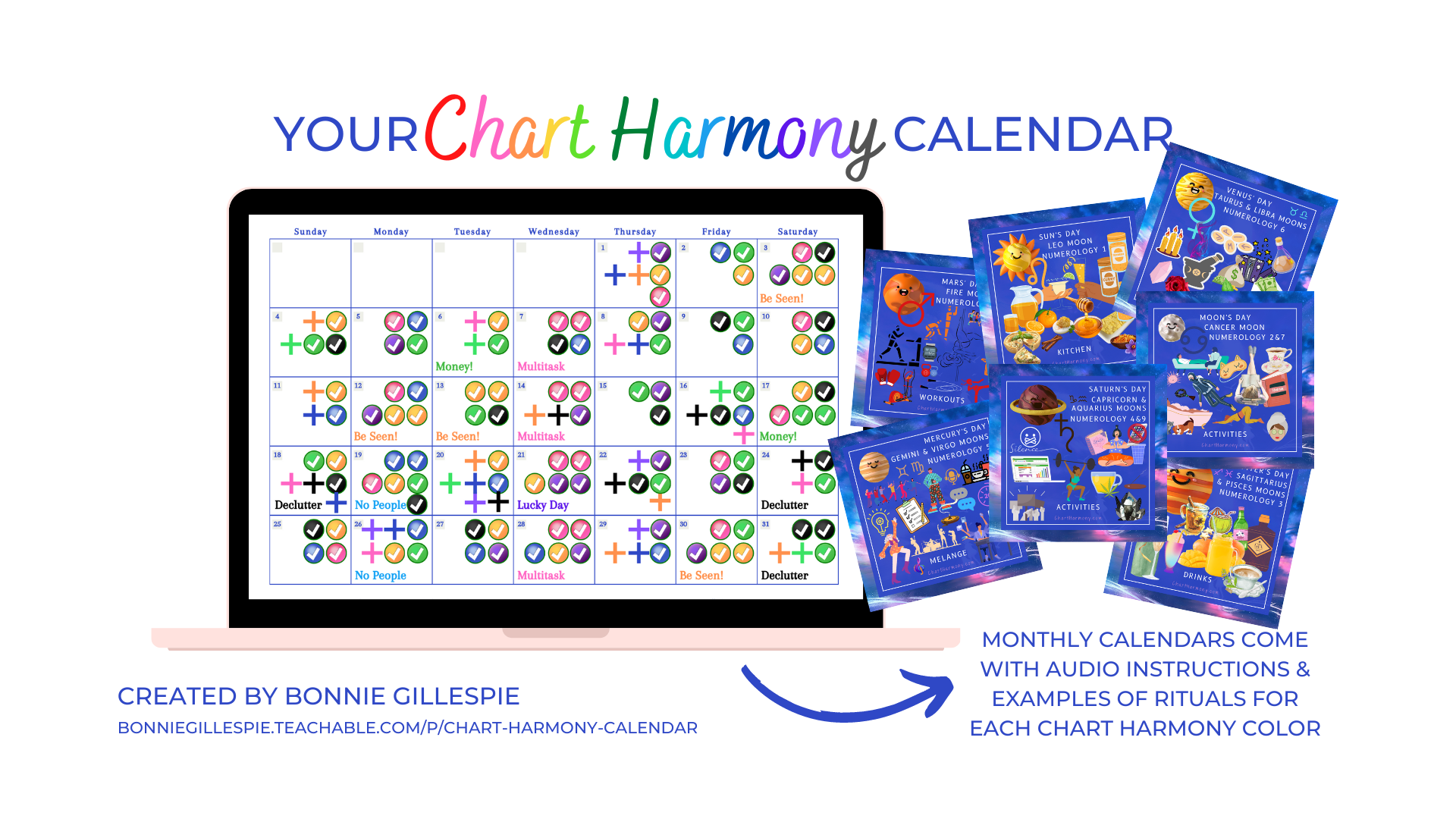 Chart Harmony Calendar on laptop screen, Chart Harmony rituals and remedies on quick-reference cards in foreground