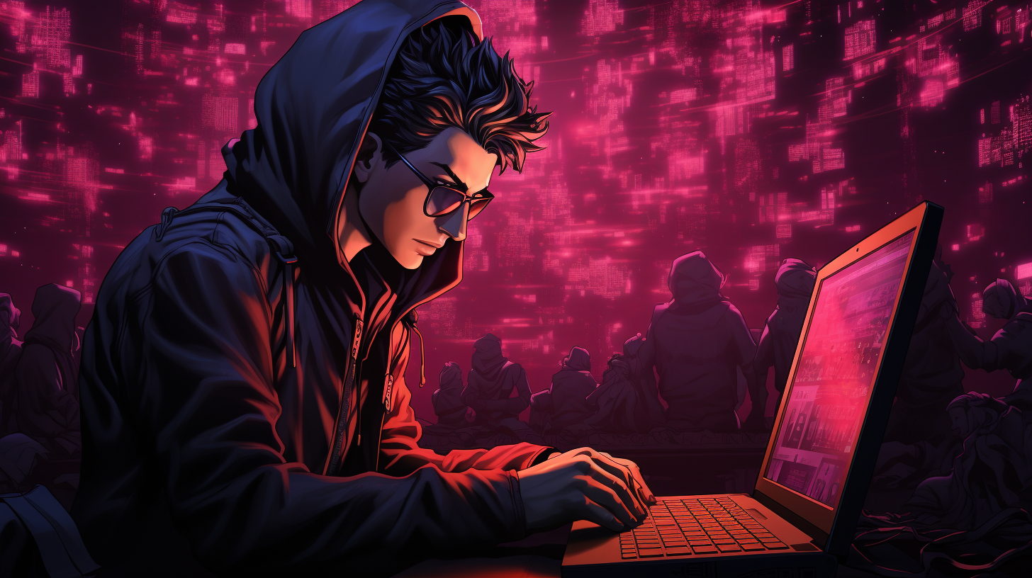 man hacking a laptop on a pink tech background