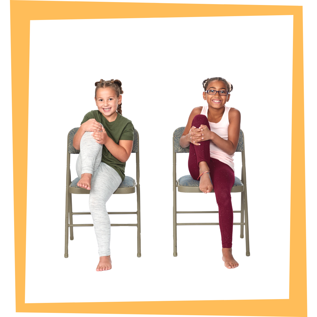 children practicing yoga while seated in a chair