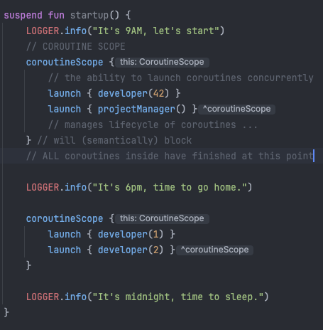 A picture of Kotlin code running coroutines