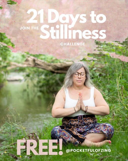 woman sitting in nature beside a stream, meditating and being relaxed and still