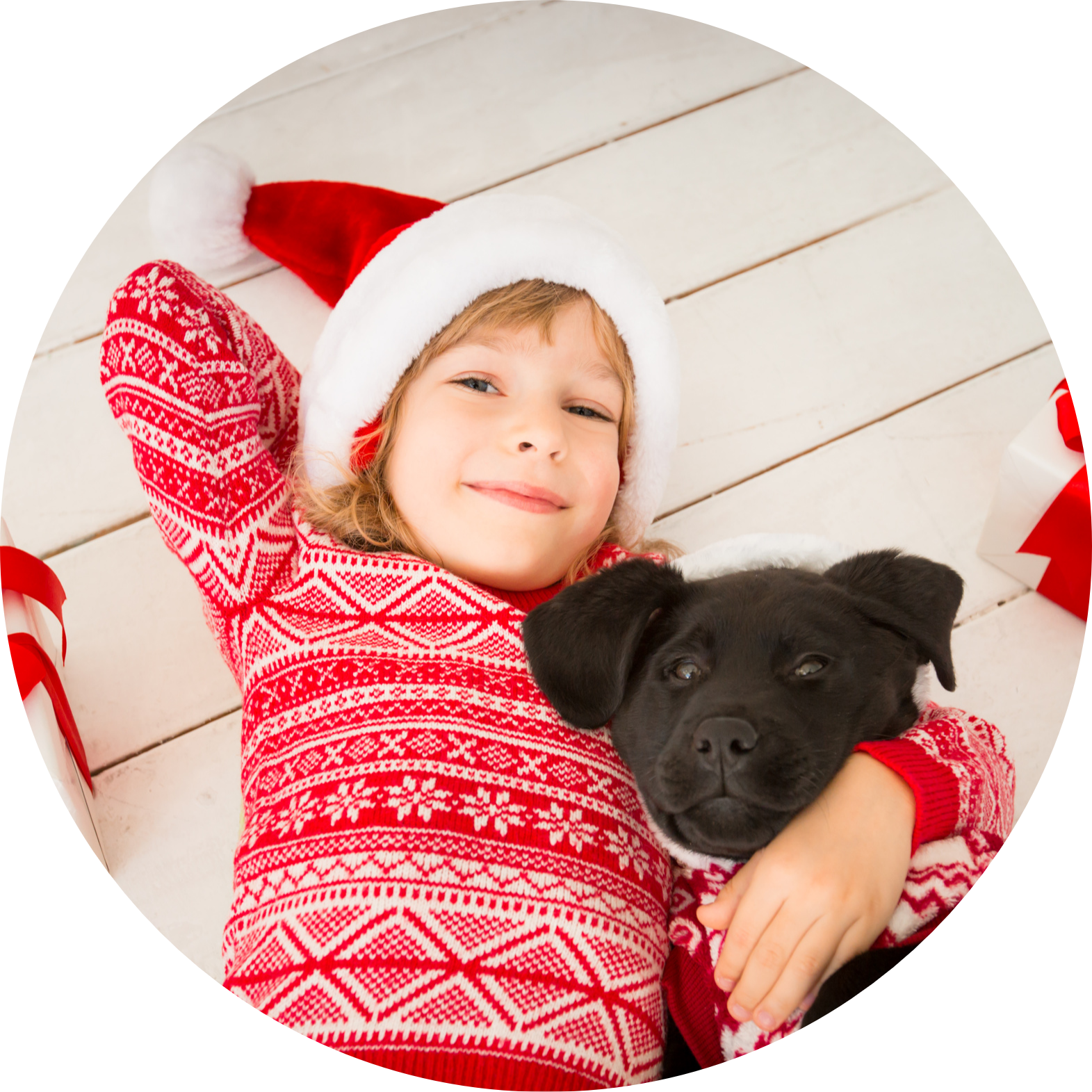Child and a black lab puppy are dressed in Christmas jumpers, laying on the floor and cuddling