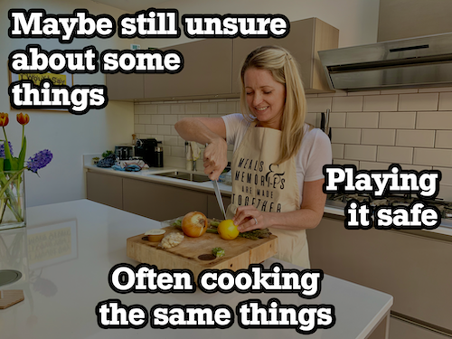 unsure woman cooking with text overlay