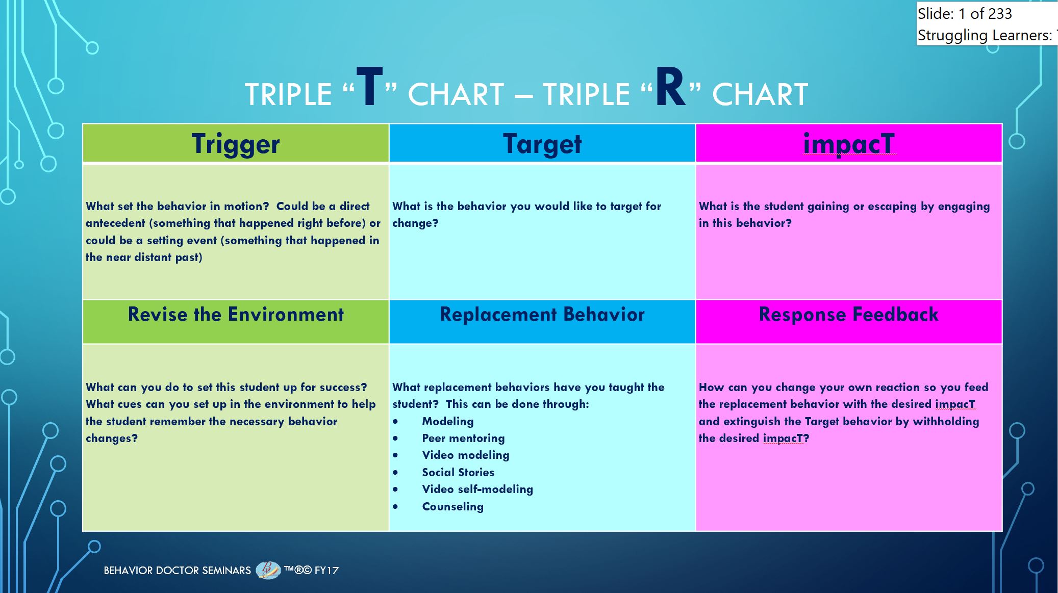 This is a grid showing the trigger, target, impact of a summary statement with a grid of a behavioral intervention plan