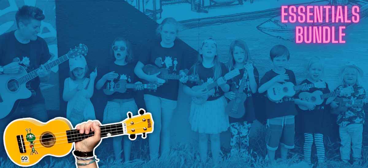 yellow ukulele and kids playing with Al Start on blue background
