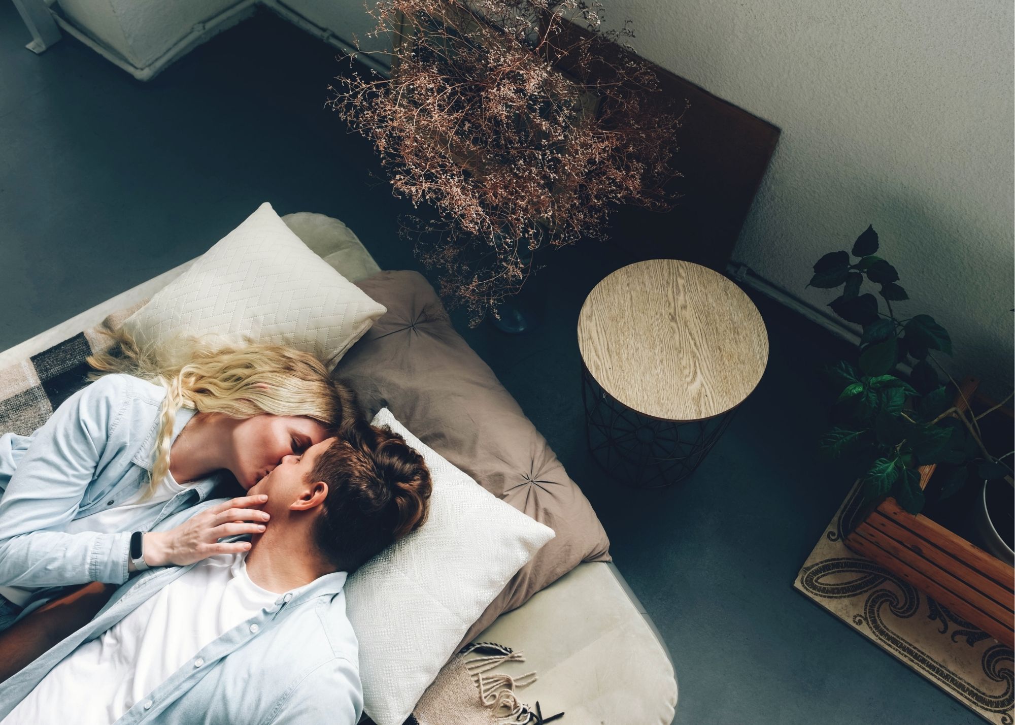 Couple on sofa kissing; plant and table next to sofa