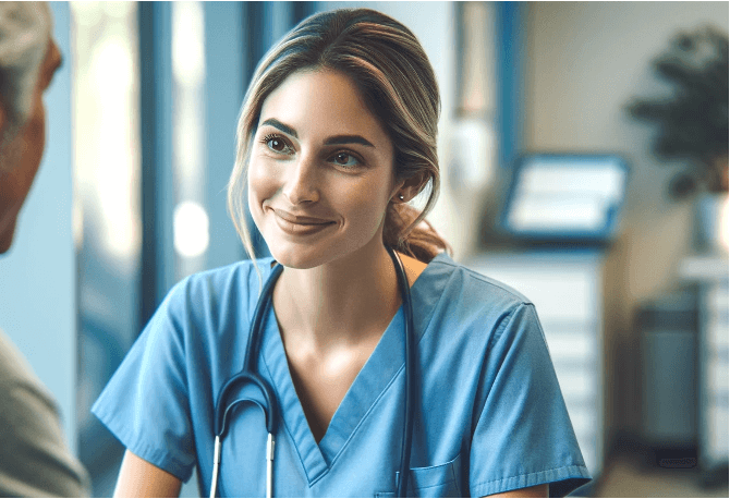 A female medical professional in blue scrubs is smiling engagingly at someone during a conversation, conveying a sense of warmth and attentive care.