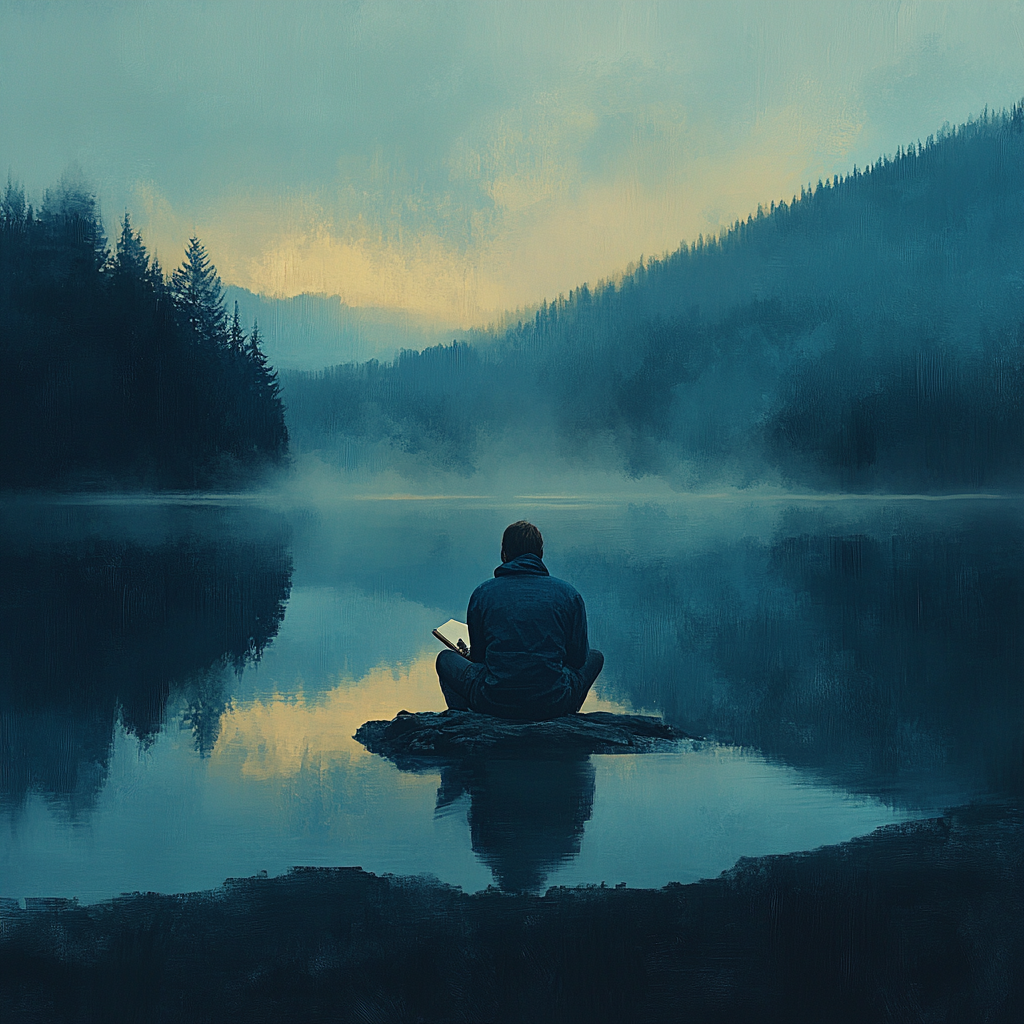 Person journaling by a serene lake, symbolizing self-reflection and clarity in personal and professional growth.