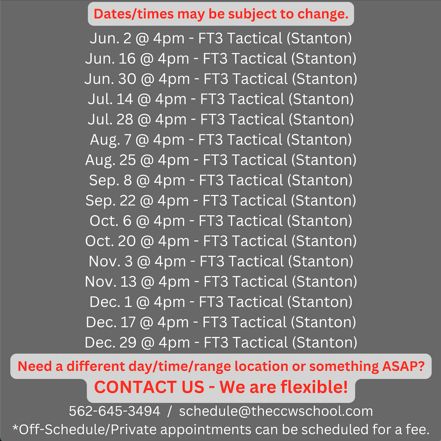 Dates for CCW Training Courses - Live-Fire Training and Qualification, CCW ASAP, CCW Fast, CCW Last Minute, CCW Deadline