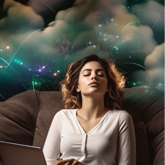 A woman with closed eyes sits serenely on a cozy sofa, embodying calmness and introspection. The backdrop features an abstract cosmic display with swirling clouds and shimmering colors, suggesting a journey into her thoughts and dreams. The overall atmosphere is peaceful and ethereal, inviting contemplation and mindfulness amidst a blend of soft browns and vibrant hues.