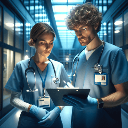 Two healthcare professionals, a female and a male in blue scrubs, are focused on reviewing medical records on a clipboard. They stand in a hospital corridor with a modern architectural design, illuminated by cool, ambient lighting that suggests a clinical and professional setting. Both are wearing stethoscopes and ID badges, indicating their medical roles, and the male professional also wears gloves, suggesting active patient care or a sterile environment.