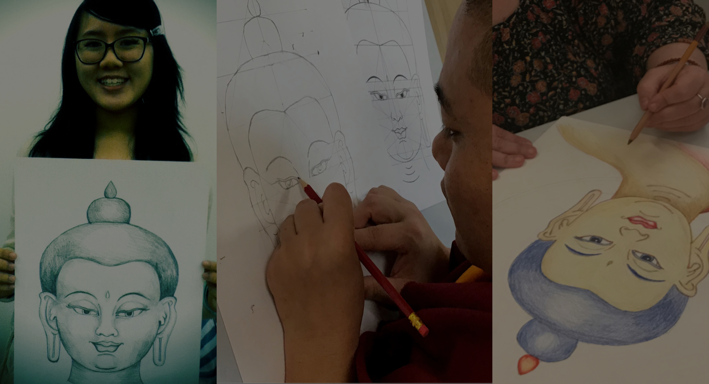 Buddha face drawing happy people showing theur artwork