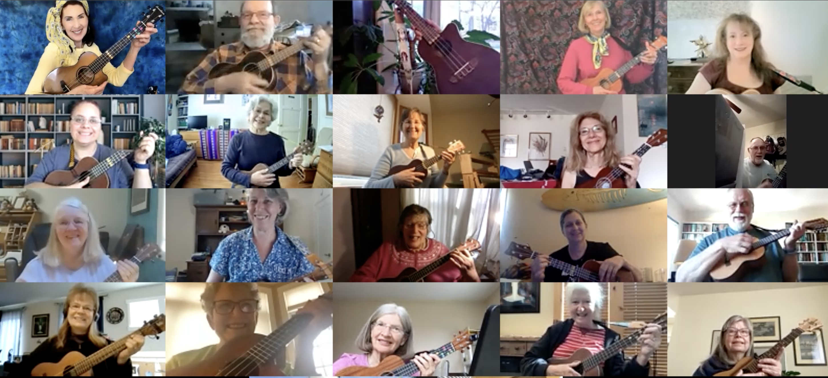 A group online ukulele class picture hosted by Melanie Kareem