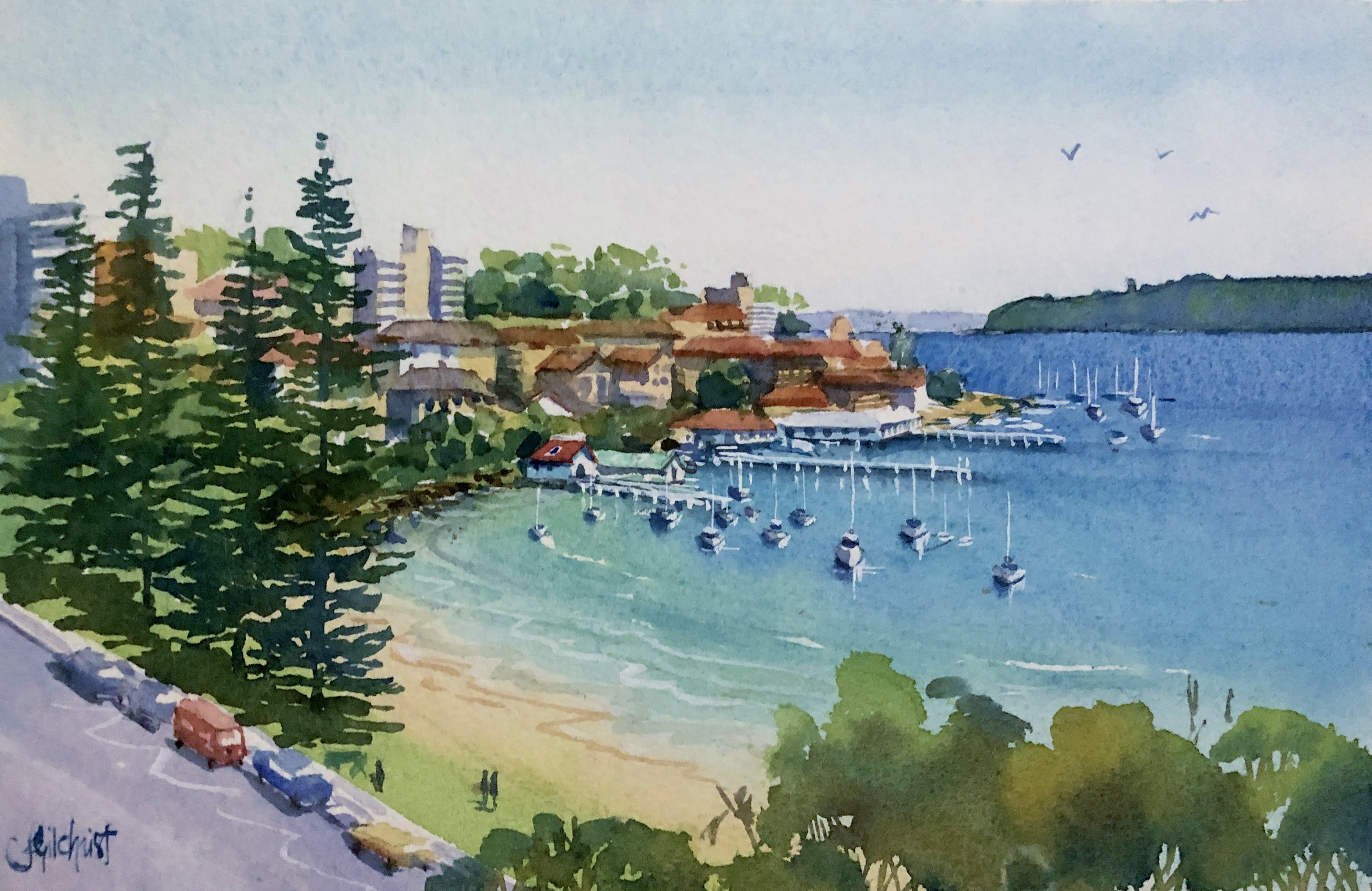 Watercolour Painting of Manly Cove Beach, Sydney, by Jenny Gilchrist and Northern Beaches Watercolour.