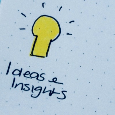 an image of a hand drawn lightbulb with the words: Ideas and Insights 