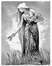 Black and white image representing Tailtiu, with a hooded cloak, sheaf of grain in her hands, light coming from behind her