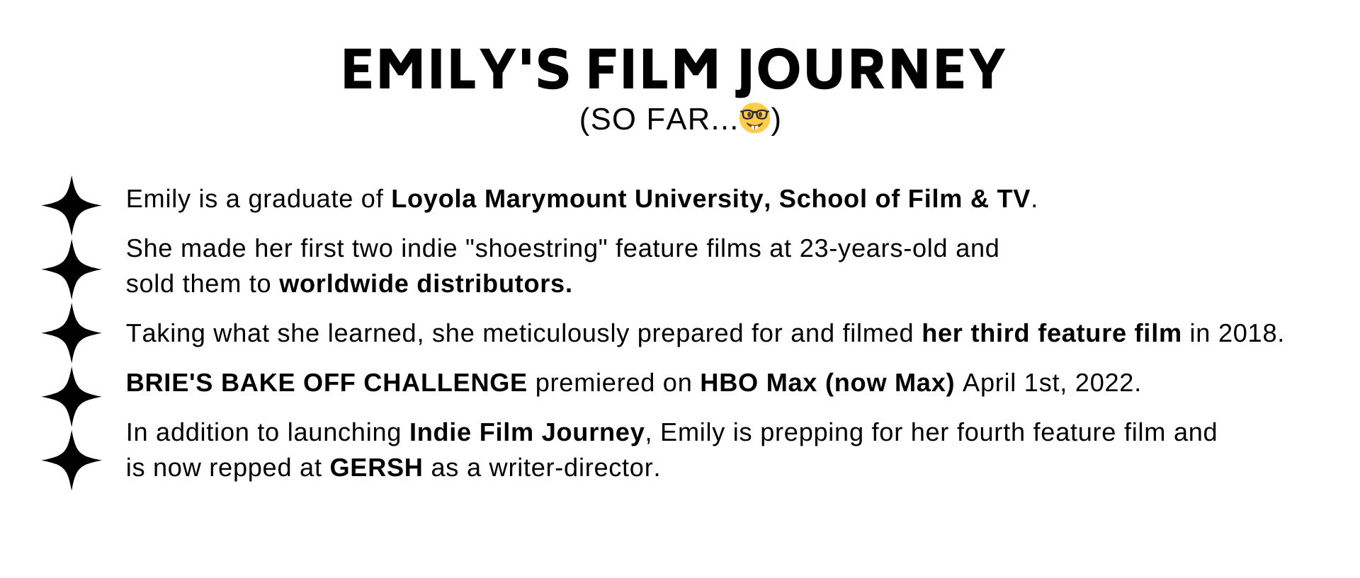Emily is a graduate of Loyola Marymount University, School of Film &amp;amp; TV.  She made her first two indie shoestring feature films  at 23-years-old and sold them to worldwide distributors.   Taking what she learned, she meticulously prepared for and filmed her third feature film in 2018.  BRIES BAKE OFF CHALLENGE premiered on HBO Max April 1st, 2022.  In addition to launching Indie Film Journey, Emily is prepping for her fourth feature film.