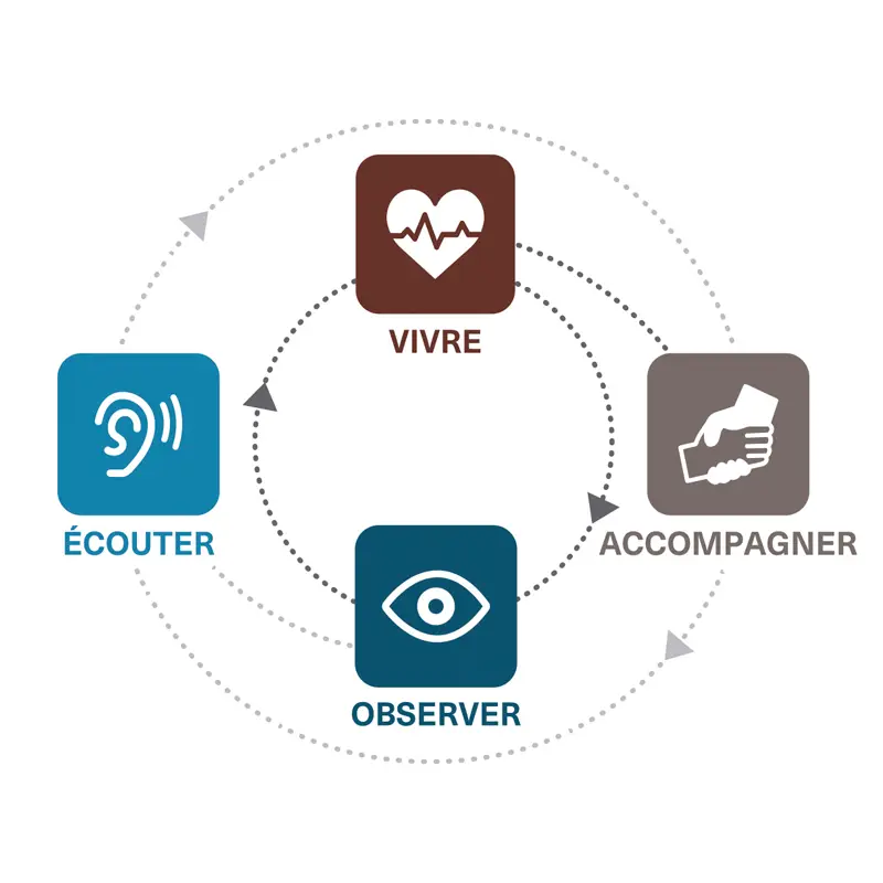 Le cycle Observer, Écouter, Accompagner, Vivre du programme de premiers secours psychologiques. 