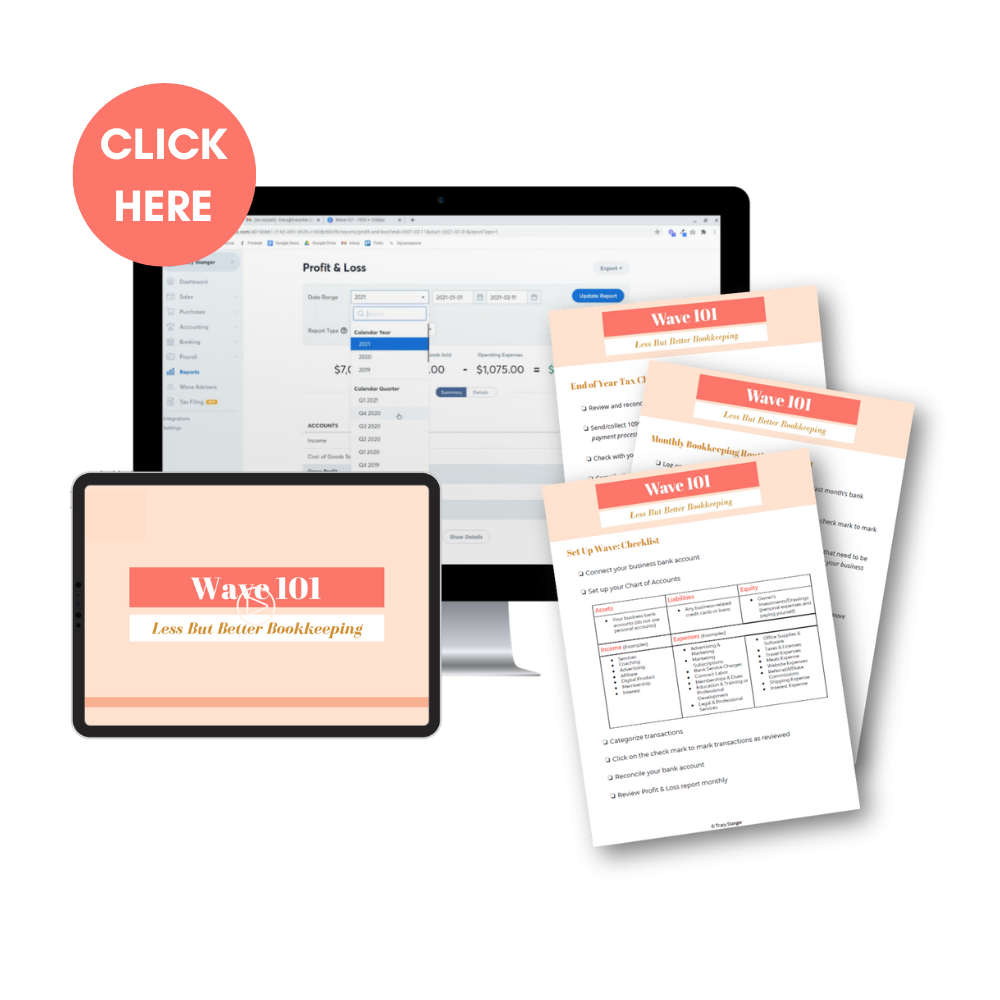 Inside look at Wave Accounting Profit and Loss report on computer screen, Wave 101 training video on iPad screen, three resource pages from Wave 101
