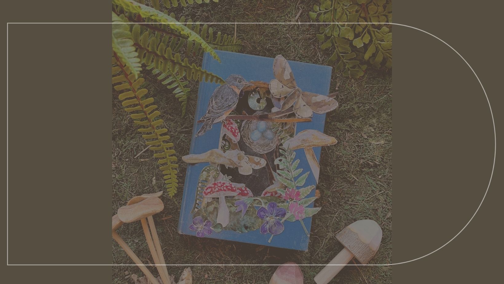 A book with nature images surrounded by mushrooms, moss and ferns