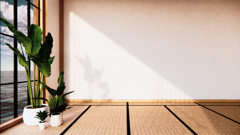 An image facing a white wall, with wooden flooring panels and four large green plants to the left, against a window overlooking water.