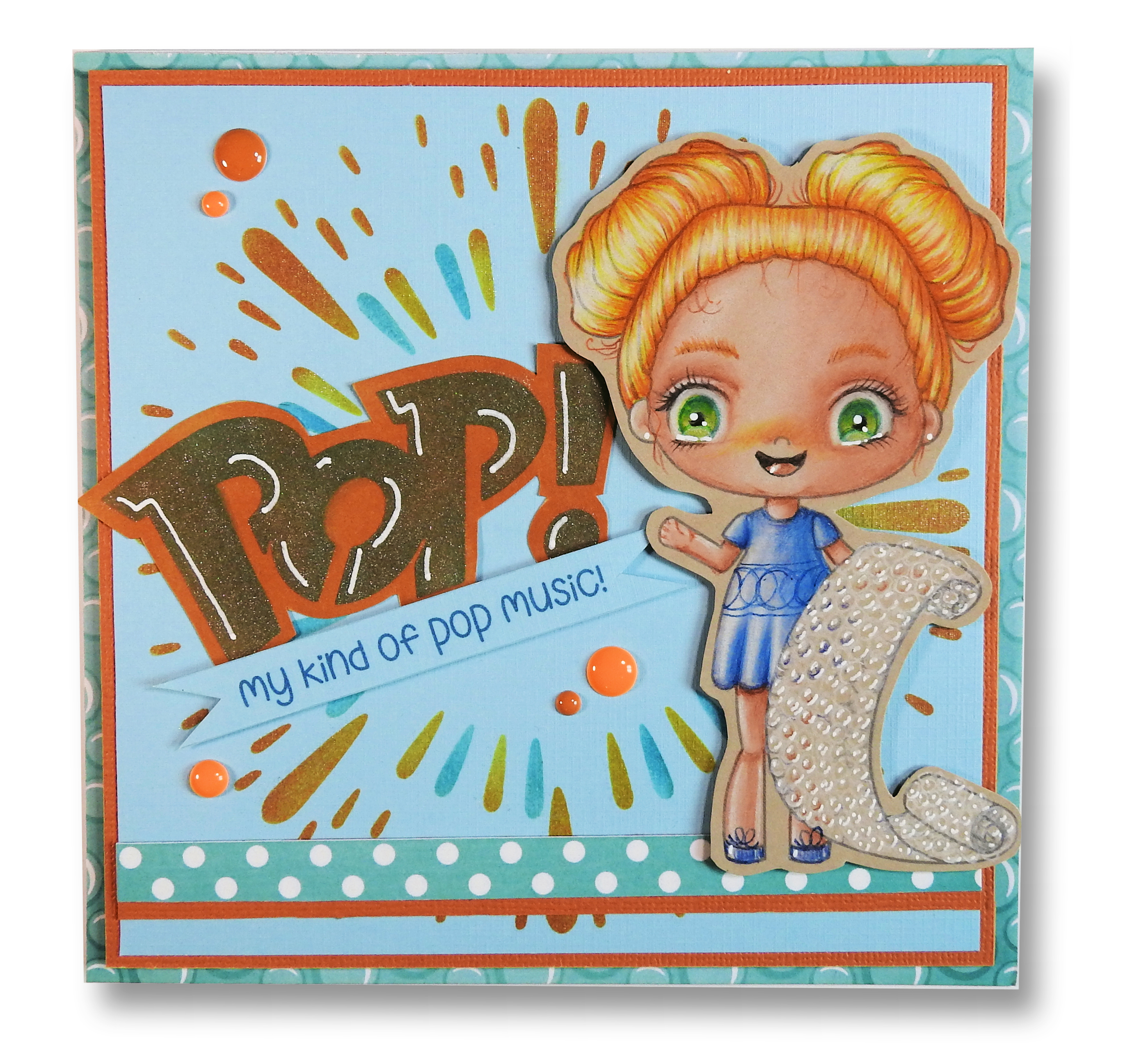 square card with a chibi girl holding bubble wrap and the words POP - my kind of pop music as the sentiment