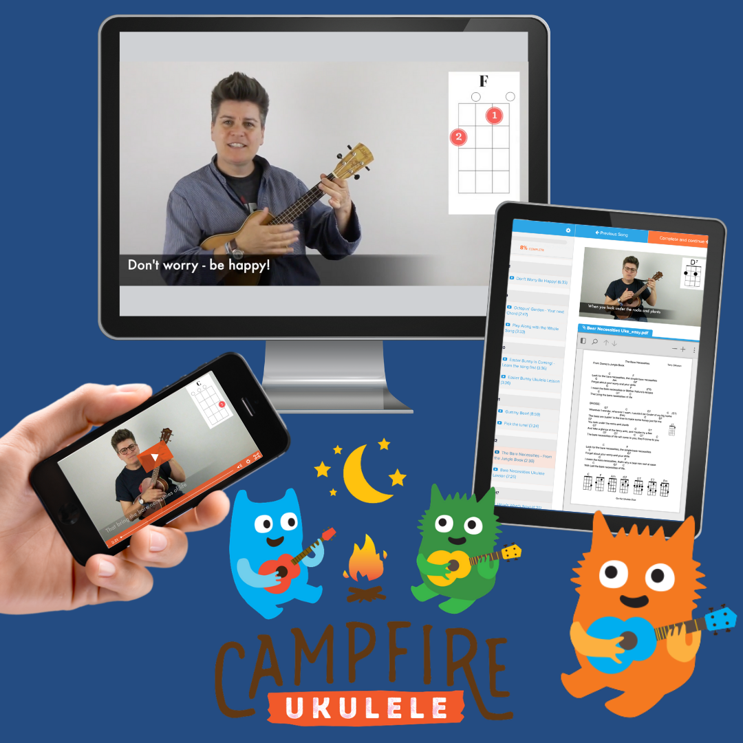 Go Kid Music ukulele lessons on 3 screens