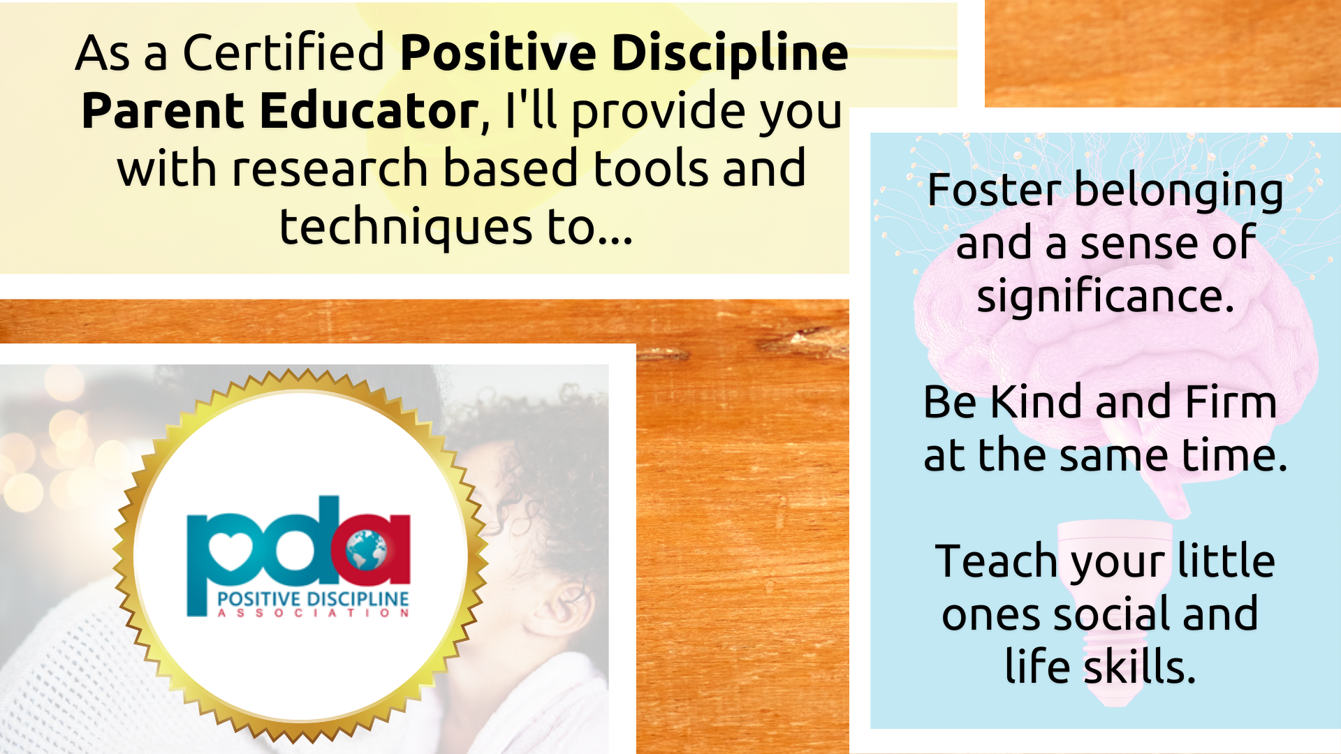 As a Certified Positive Discipline Parent Educator, I&#39;ll provide you with research based tools and techniques to... Foster belonging and a sense of significance.  Be Kind and Firm  at the same time.  Teach your little ones social and  life skills. Positive Discipline Association