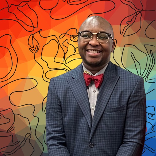 The Rev. Dr. Phiwa Langeni in front of a rainbow doodled background