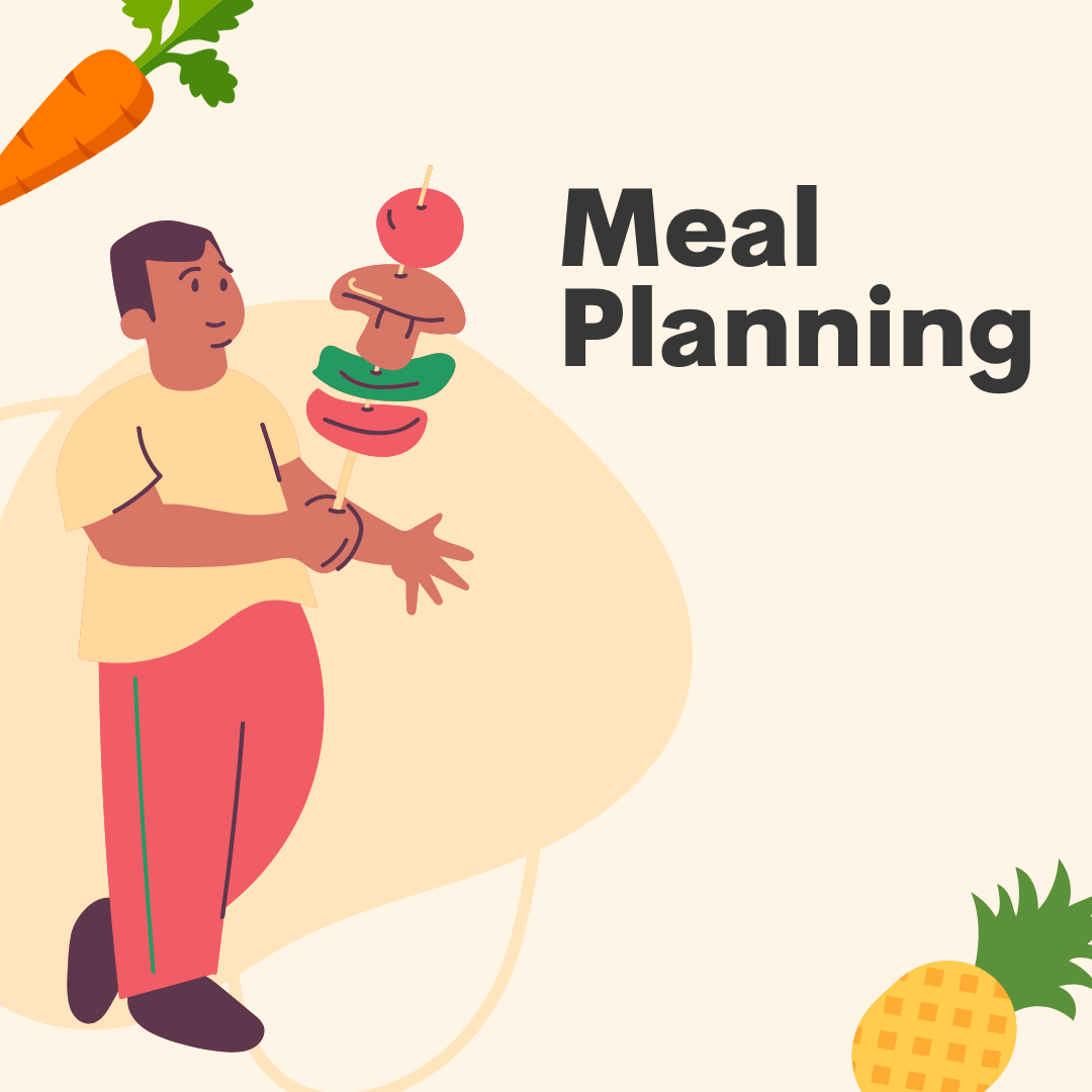 Beige backround with cartoon man walking while holding a kebab of vegetables. Cartoon carrot in upper right corner. Cartoon pineapple in lower right corner. “Meal Planning” in bold text on upper right side of image.