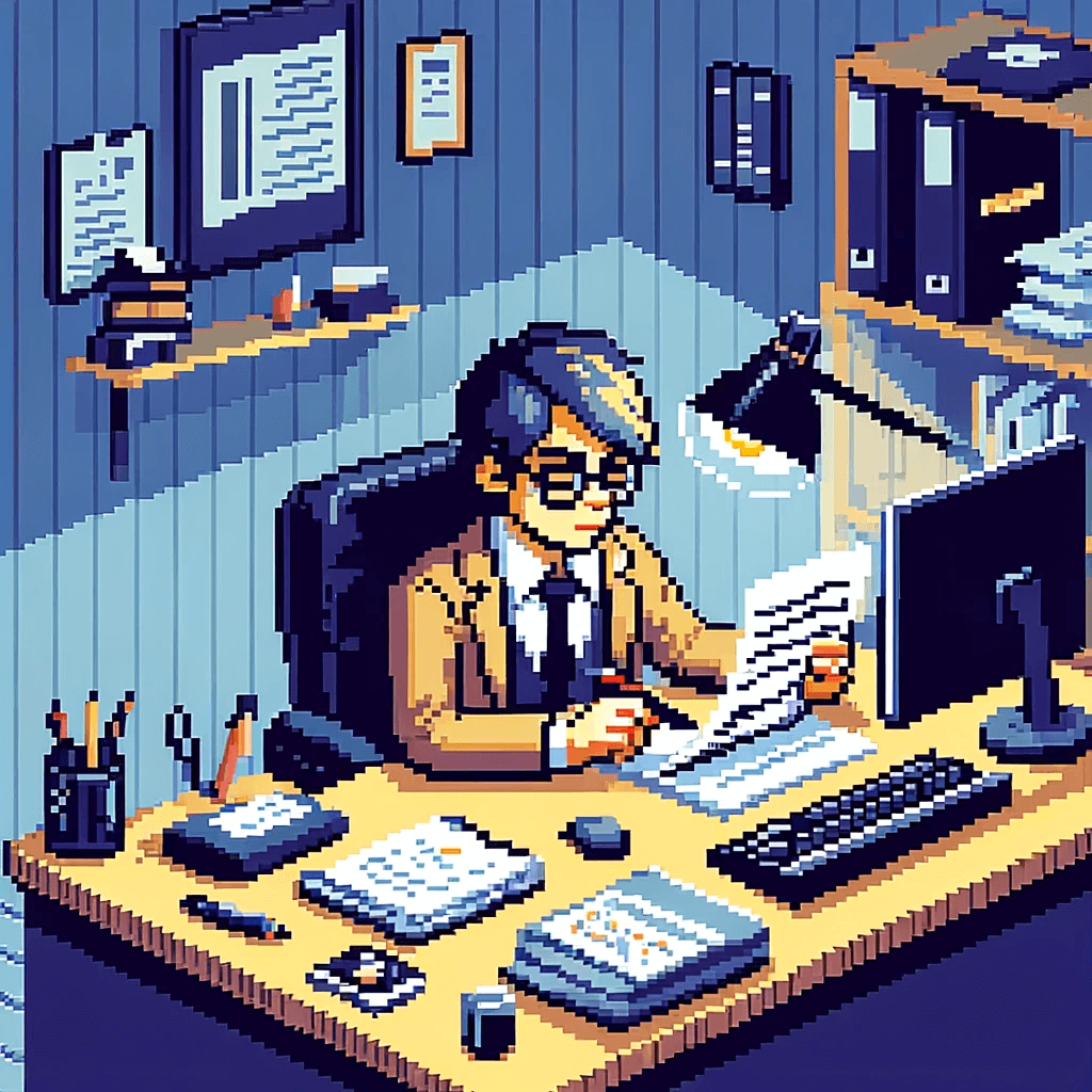 Un professeur corrigeant une copie en pixel art