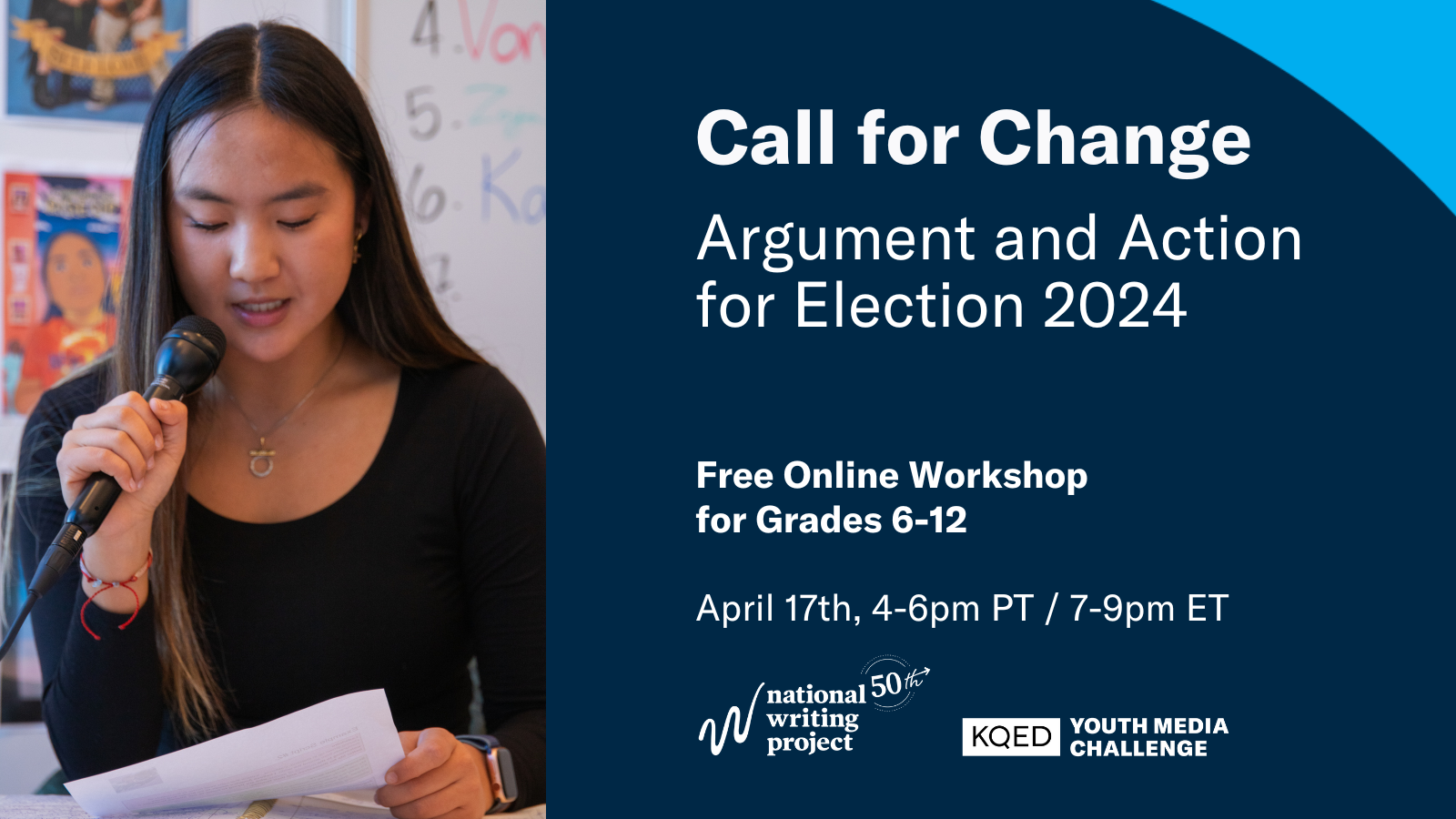 Event title: Call for Change: Argument Writing and Action for Election 2024. Image: Student is speaking into a microphone and reading from a piece of paper. 
