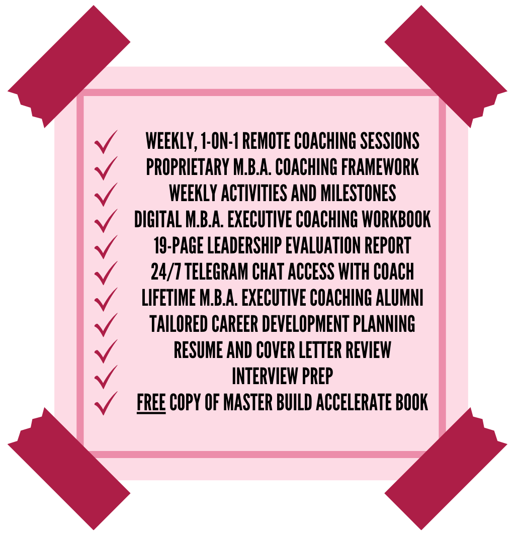 Some executive coaching programs costs up to $10,000 per week. For Just $3,000 total, women can enroll in the M.B.A. Executive Coaching Program for 3 months