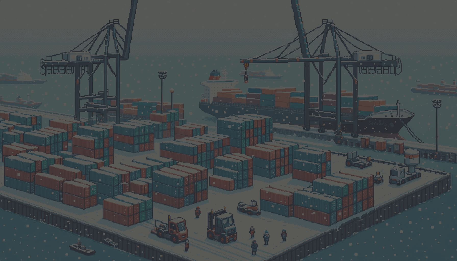 Un port sous la neige en pixel art