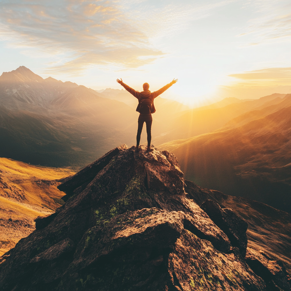 Person at the top of a mountain, symbolizing achievement and the integration of personal and professional lessons for a resilient mindset.