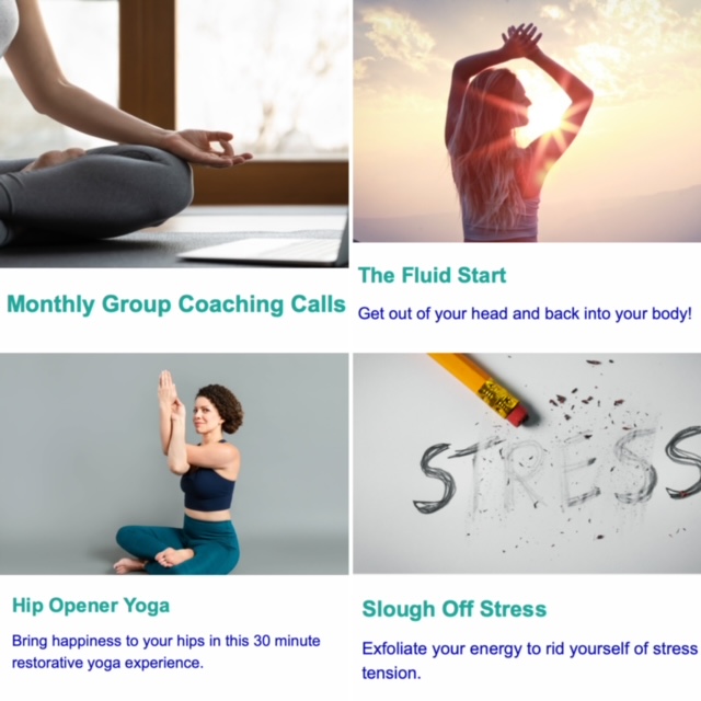 Monthly Group Coaching Calls and The Fluid Start text in teal font.  Curly haired woman wearing a navy blue sports bra wrapping her arms in eagle pose and a photo of a pencil with an eraser erasing the word Stress.