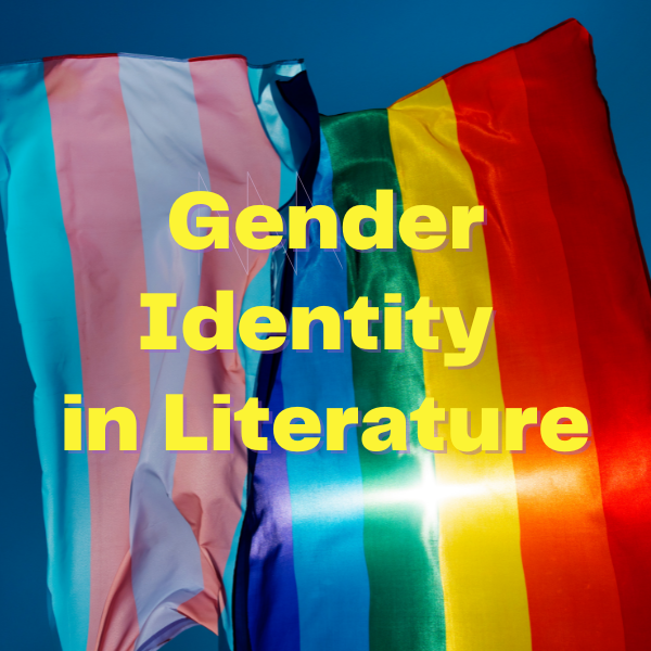 Trans and rainbow flags with the title Gender Identity in Literature in yellow