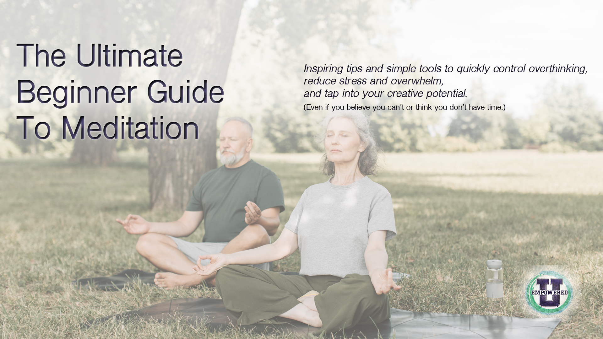 middle aged couple meditating on yoga mats outside on grass under trees