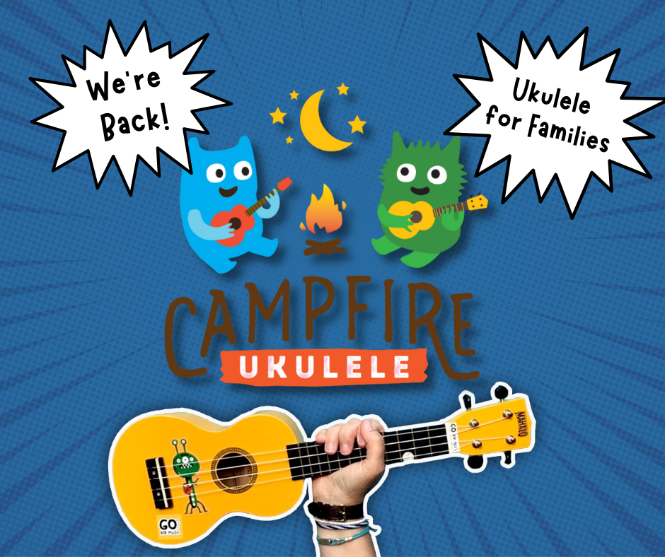 blue background with campfire ukulele logo and big yellow ukulele Were Back!