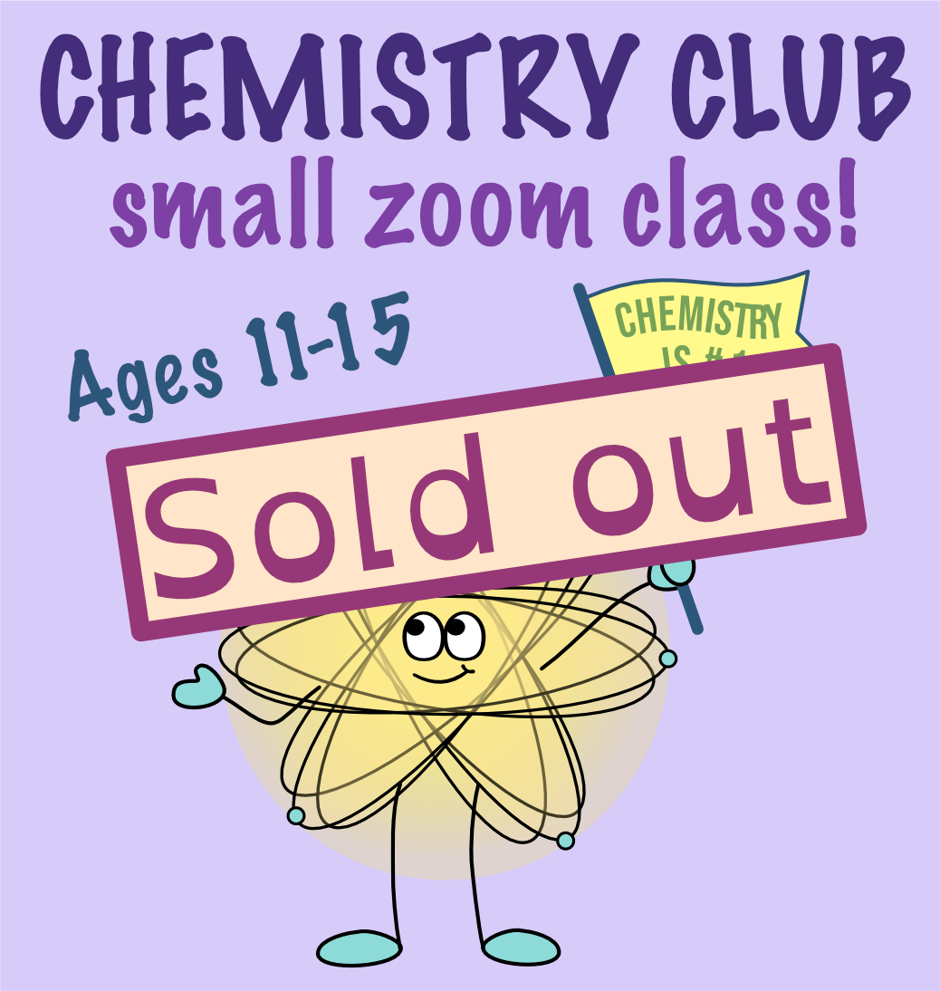 A cute attom waving a flag: Text &quot;Chemistry Club small zoom class&quot;