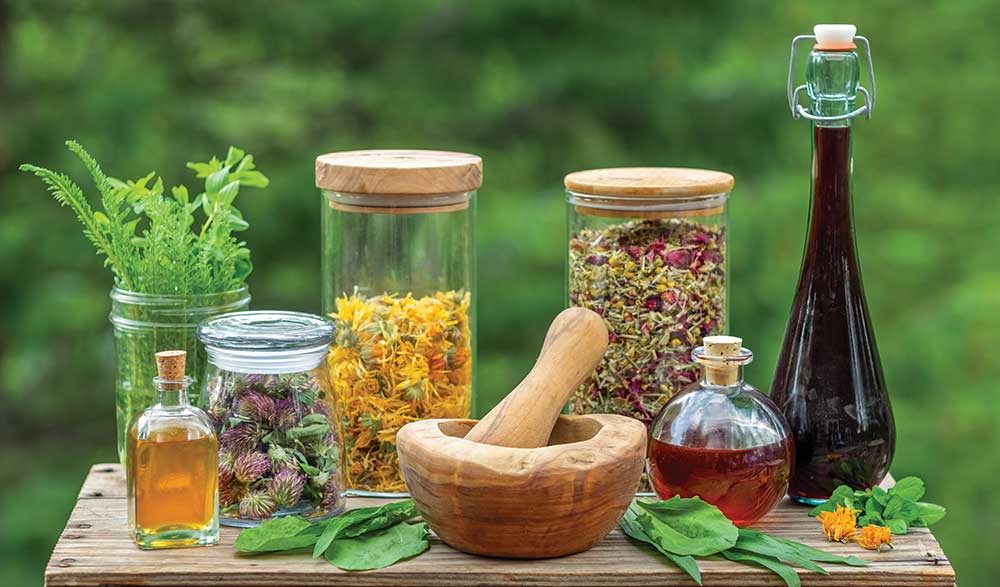 herbal apothecary with various jars, bottles, and a mortar and pestle