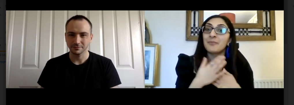 Tim Atkinson and Anjna Chouhan in conversation on a video call