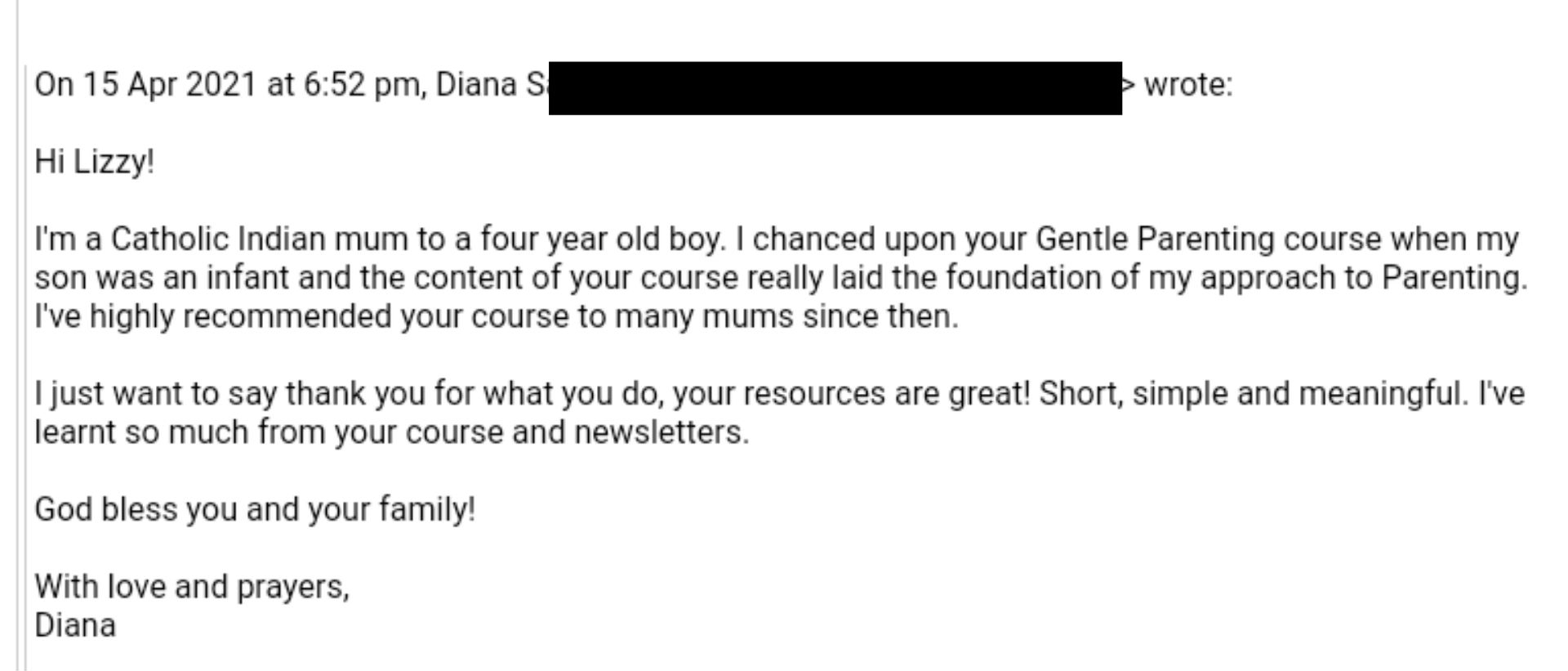 Email screenshot that reviews the course such as saying &quot;I&#39;ve highly recommended your course to many mums since then.&quot;